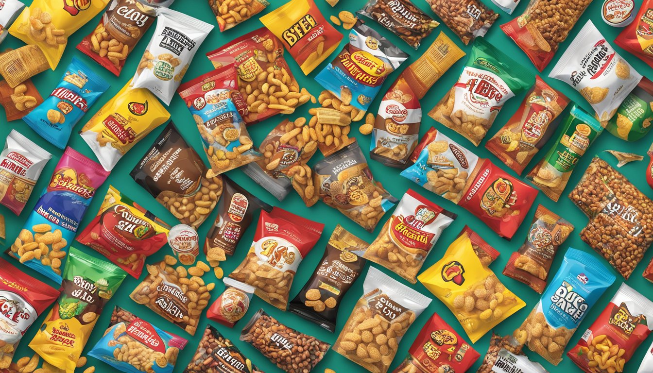 A colorful array of Cajun-style snack mix spills out from a large, open bag, surrounded by various Buc-ee's snack packaging ranked by saltiness