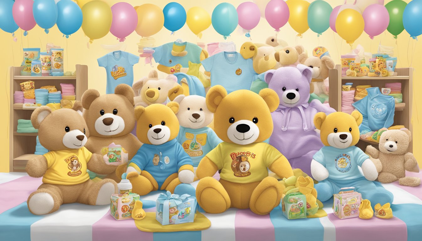 A colorful display of Buc-ee's products arranged as baby shower gifts, including plush toys, onesies, and baby blankets