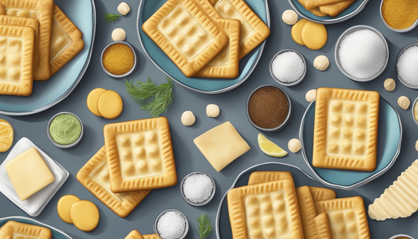 A plate of sea salt butter crackers arranged in a neat row, surrounded by various snack items with a range of saltiness