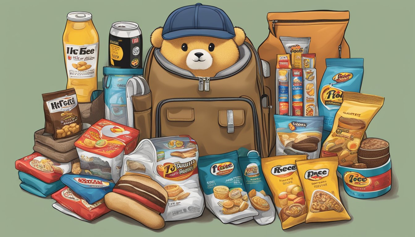 A cozy travel pillow surrounded by 11 Buc-ee's items, including snacks, drinks, and car accessories, arranged neatly in a new driver's kit