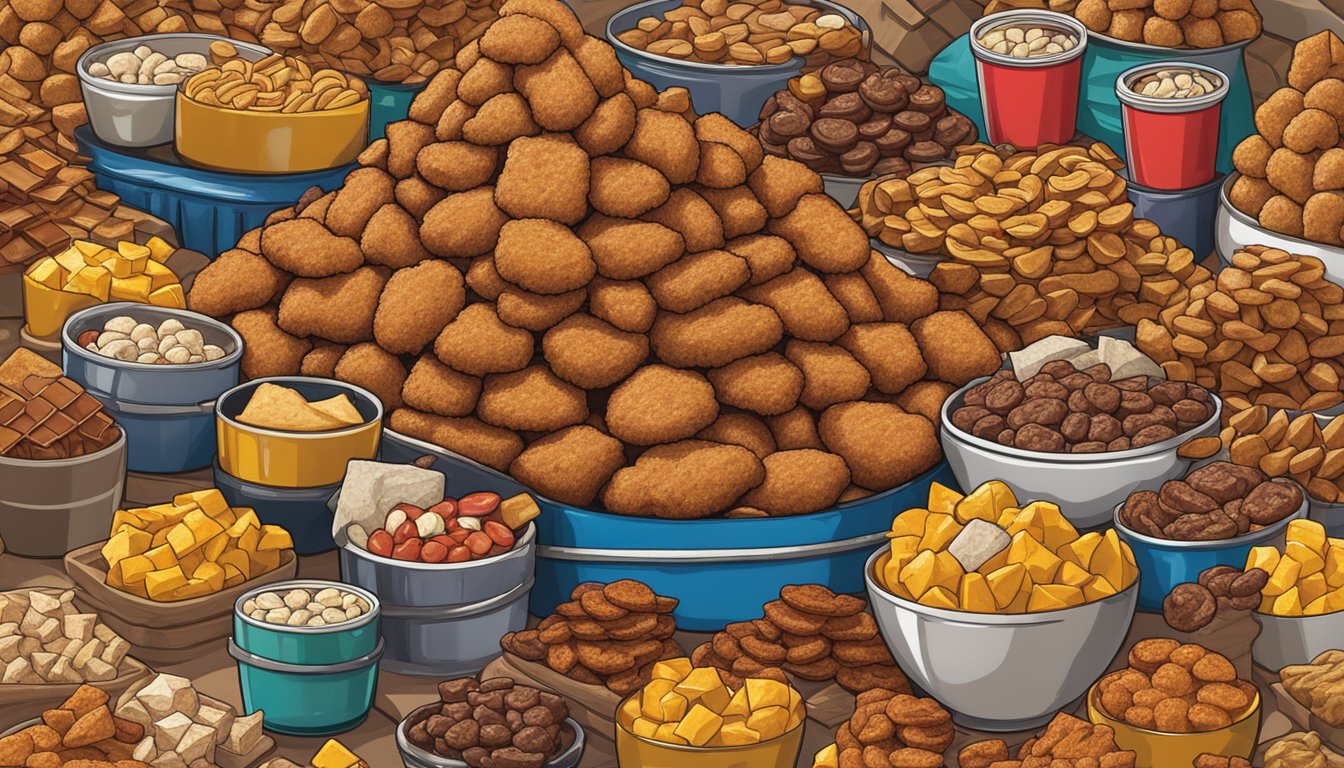 A pile of barbecue-flavored beaver nuggets arranged in a pyramid, surrounded by 18 other Buc-ee's snacks of varying saltiness