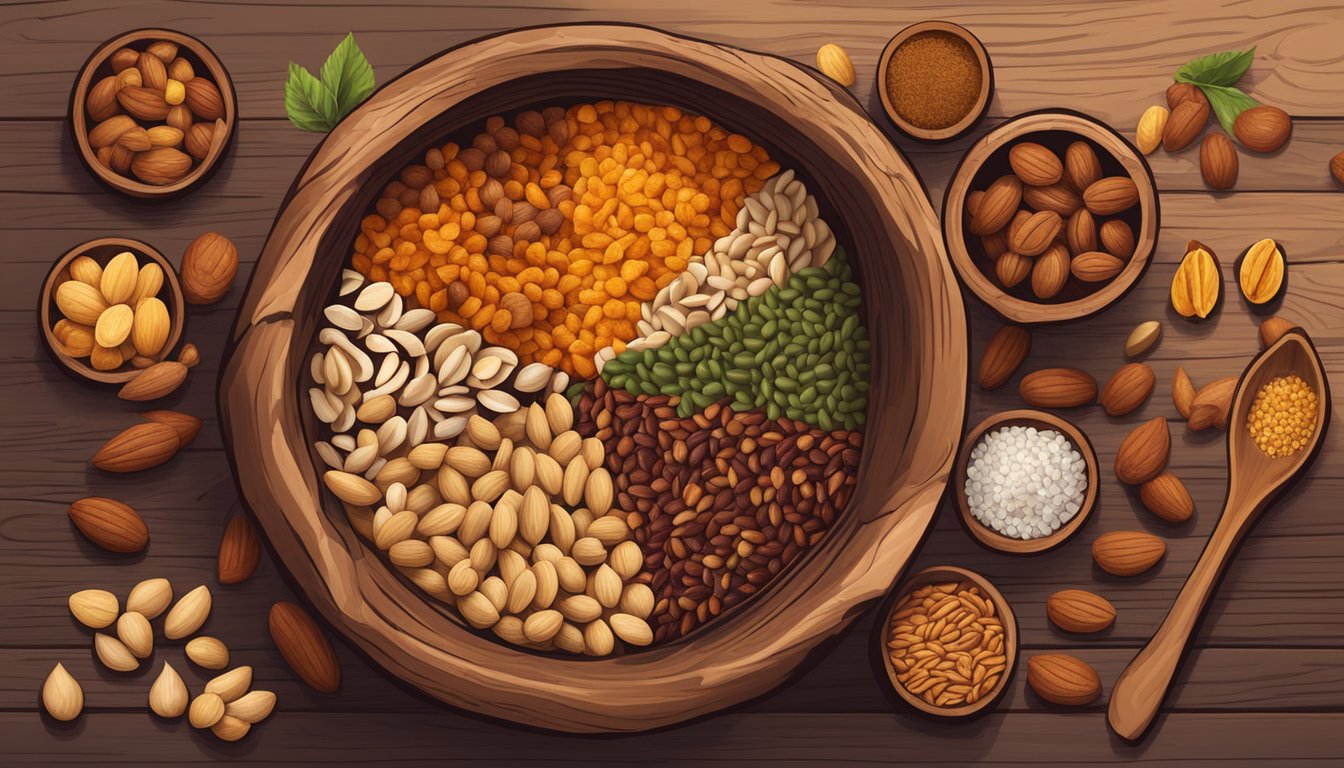 A colorful assortment of nuts, seeds, and dried fruits, with a bold Cajun seasoning, arranged in a rustic wooden bowl