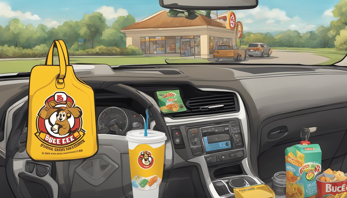 A car dashboard with a Buc-ee's car air freshener hanging from the rearview mirror, surrounded by other Buc-ee's items like snacks and a travel mug