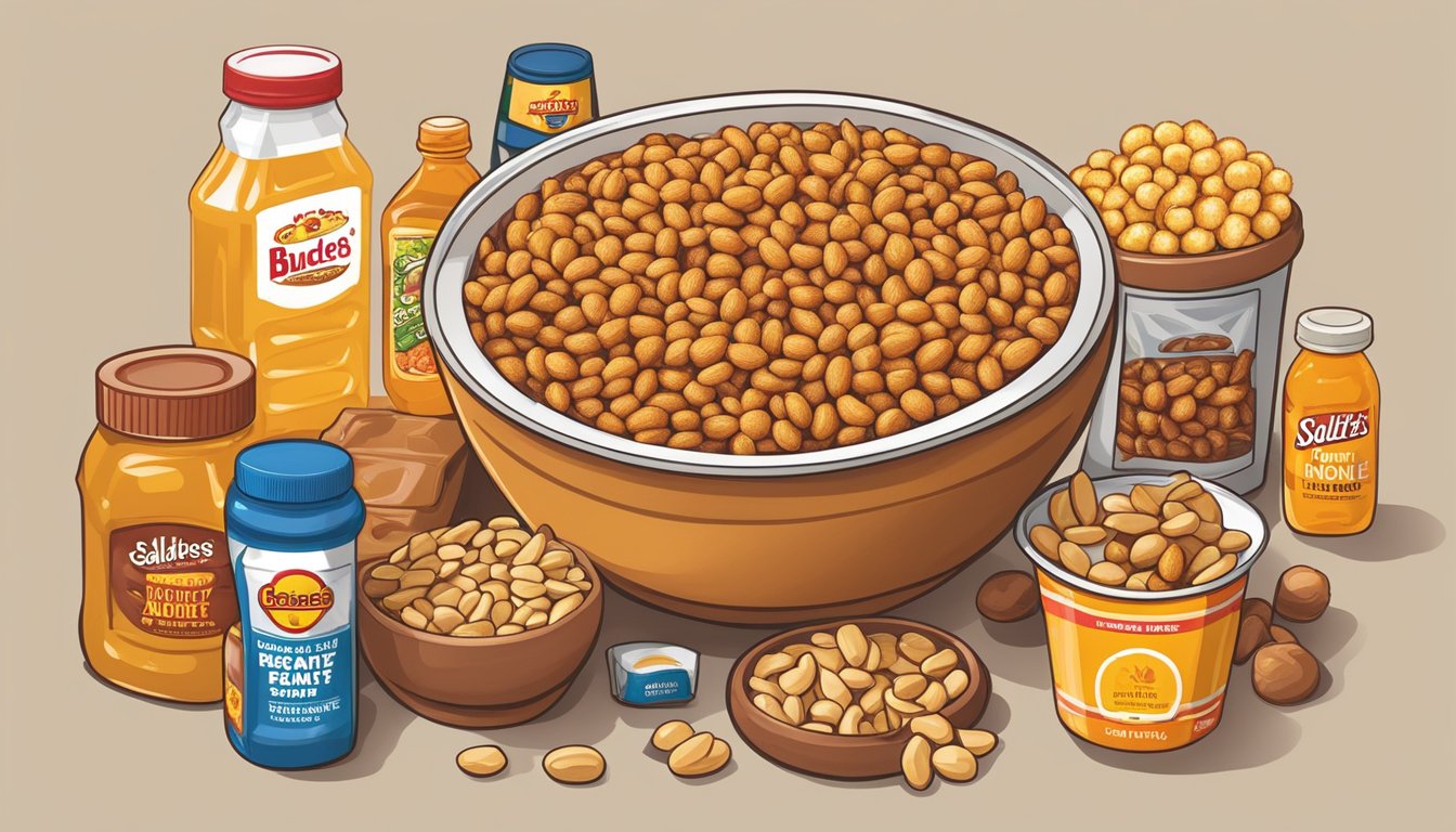 A bowl of honey roasted chipotle peanuts surrounded by various other snacks, ranked by saltiness, at a Buc-ee's convenience store