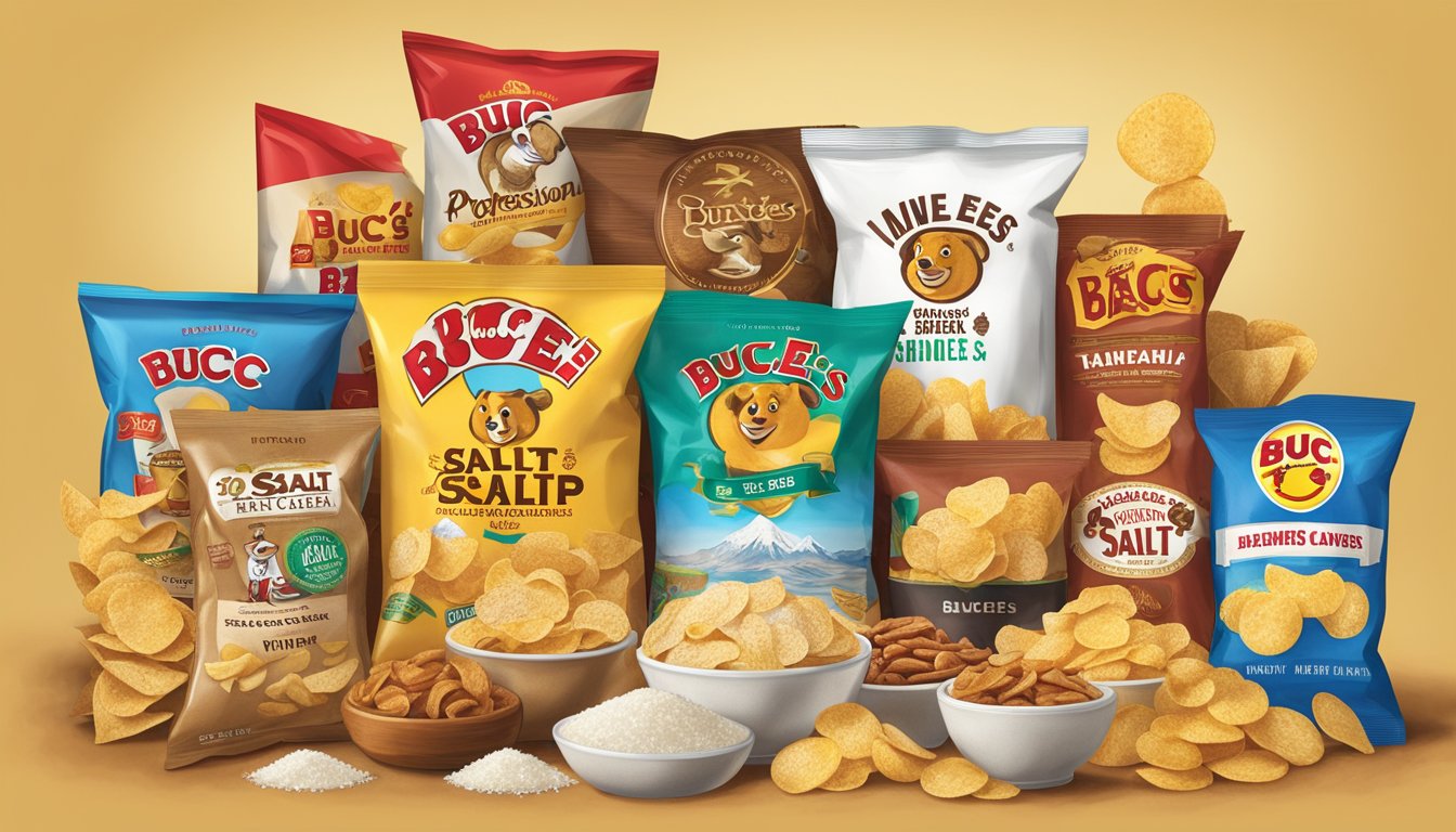 A bag of Buc-ee's Salt and Vinegar Chips sits among a variety of other snacks, ranked by saltiness