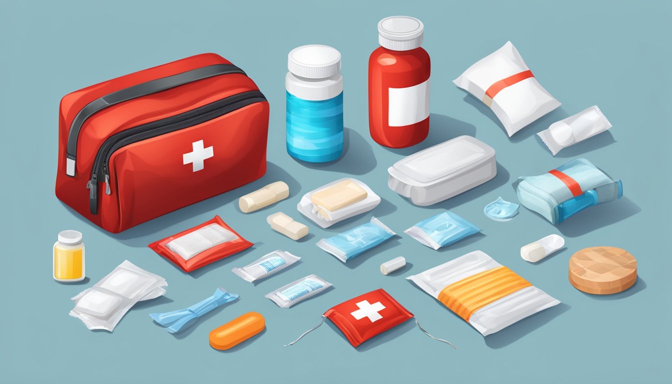 A bright red first aid kit with various items such as bandages, antiseptic wipes, and pain relievers arranged neatly inside