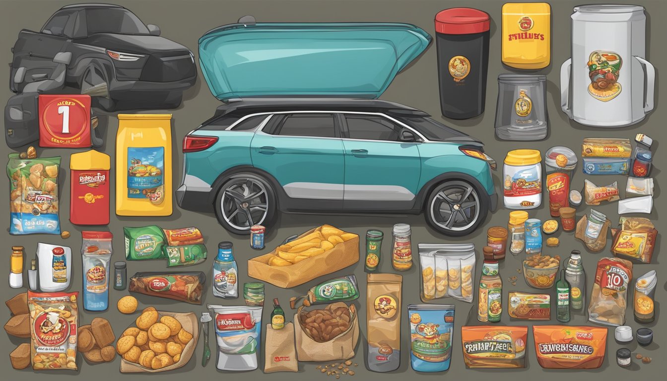 A stainless steel tumbler surrounded by 11 Buc-ee's items, such as snacks, car accessories, and travel essentials, arranged in a driver's kit