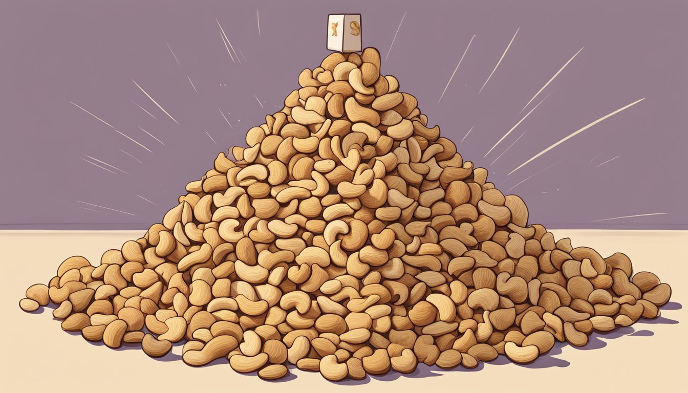 A pile of salted cashews arranged in a pyramid, surrounded by various other snacks, with a sign listing them by saltiness