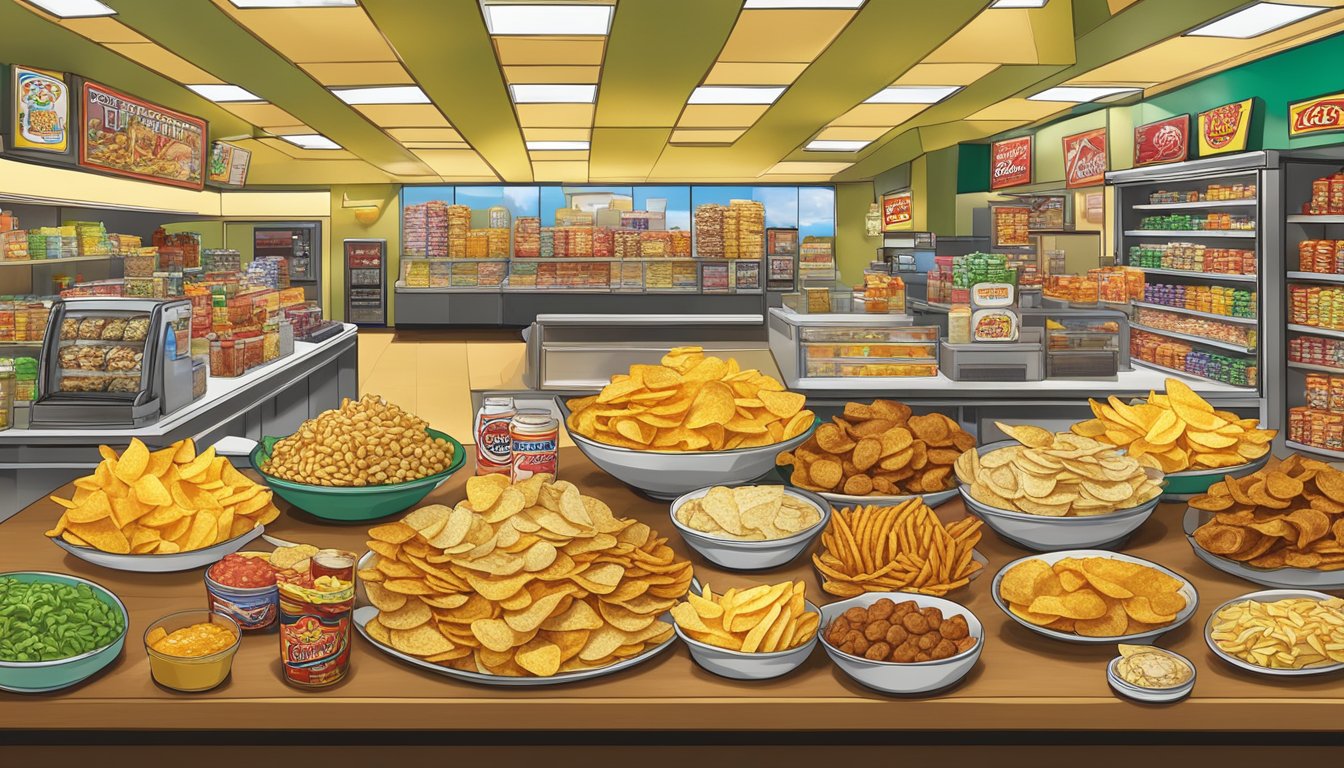 A table piled high with golden, crispy homemade chips, surrounded by various gourmet snacks and condiments, all set against the backdrop of a bustling Buc-ee's convenience store