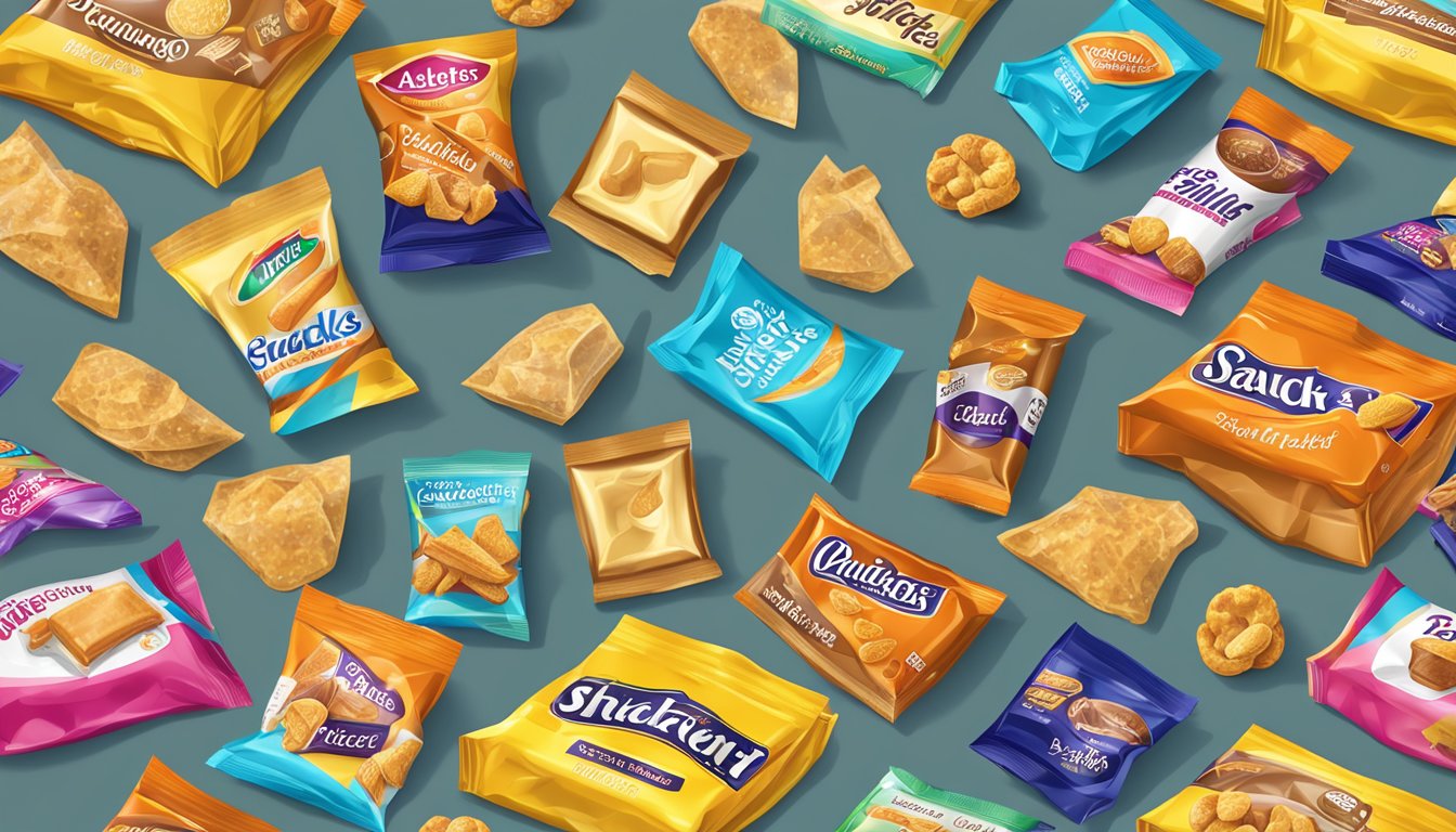 A colorful display of various snack packages, with a prominent Salted Butter Toffee bag among them