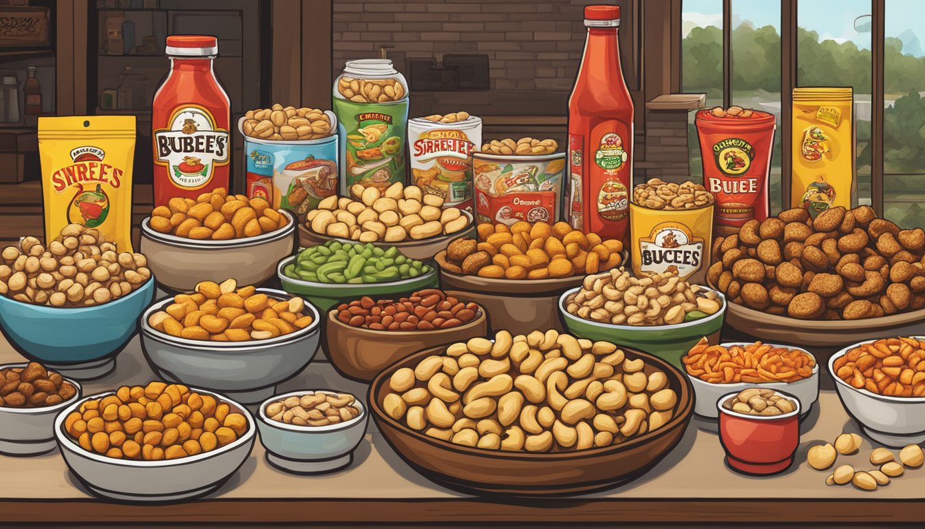 A table spread with Sriracha cashews, surrounded by various gourmet snacks and food items, with a Buc-ee's sign in the background