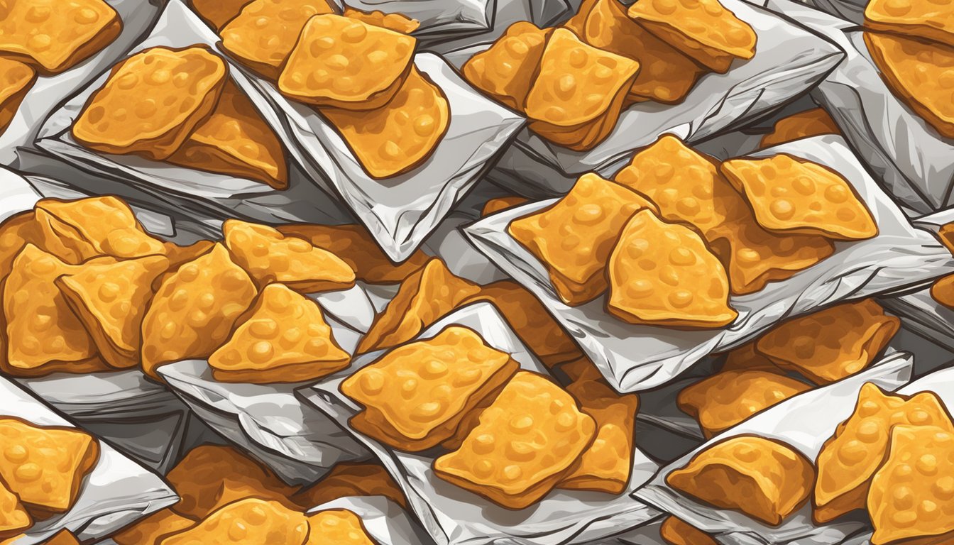 A pile of cheddar cheese puffs arranged in a pyramid, with a variety of Buc-ee's snack bags scattered around