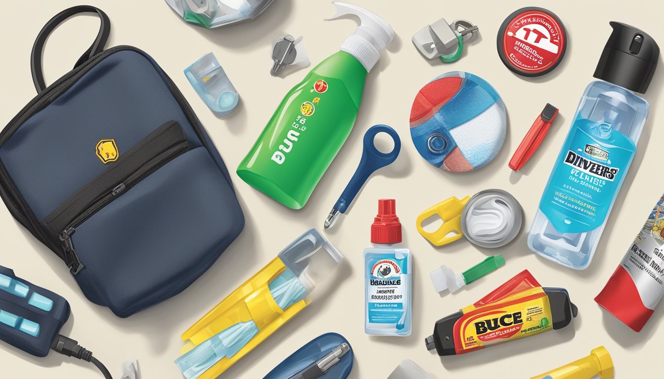 A bottle of Buc-ee's hand sanitizer surrounded by other essential items for a new driver's kit, such as a flashlight, first aid supplies, and a car charger