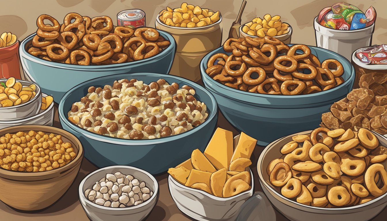 A bowl of Buc-ee's Ranch Pretzels surrounded by various other Buc-ee's snacks, ranked by saltiness