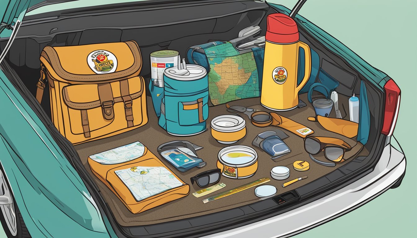 A new driver's kit includes Buc-ee's items such as a car air freshener, travel mug, and first aid kit, arranged neatly in a car trunk with a map and sunglasses