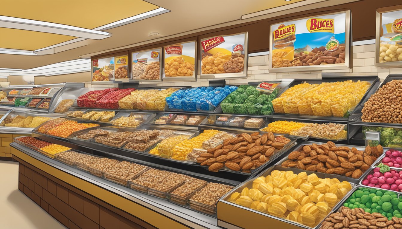 A display of creamy pecan pralines and various food items at Buc-ee's, featuring vibrant colors and enticing packaging