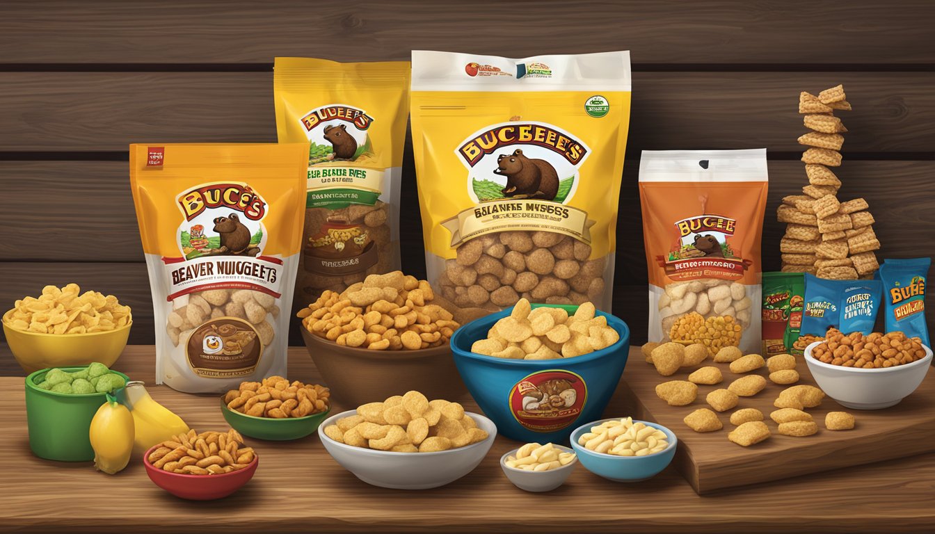 A large bag of Buc-ee's Beaver Nuggets surrounded by various gluten-free Buc-ee's snacks on a rustic wooden table