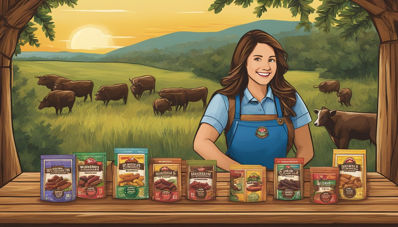 A rustic wooden table displays a variety of Buc-ee's beef jerky flavors, including the Bohemian Garlic. The packaging is colorful and eye-catching, with a backdrop of natural elements like wood and burlap