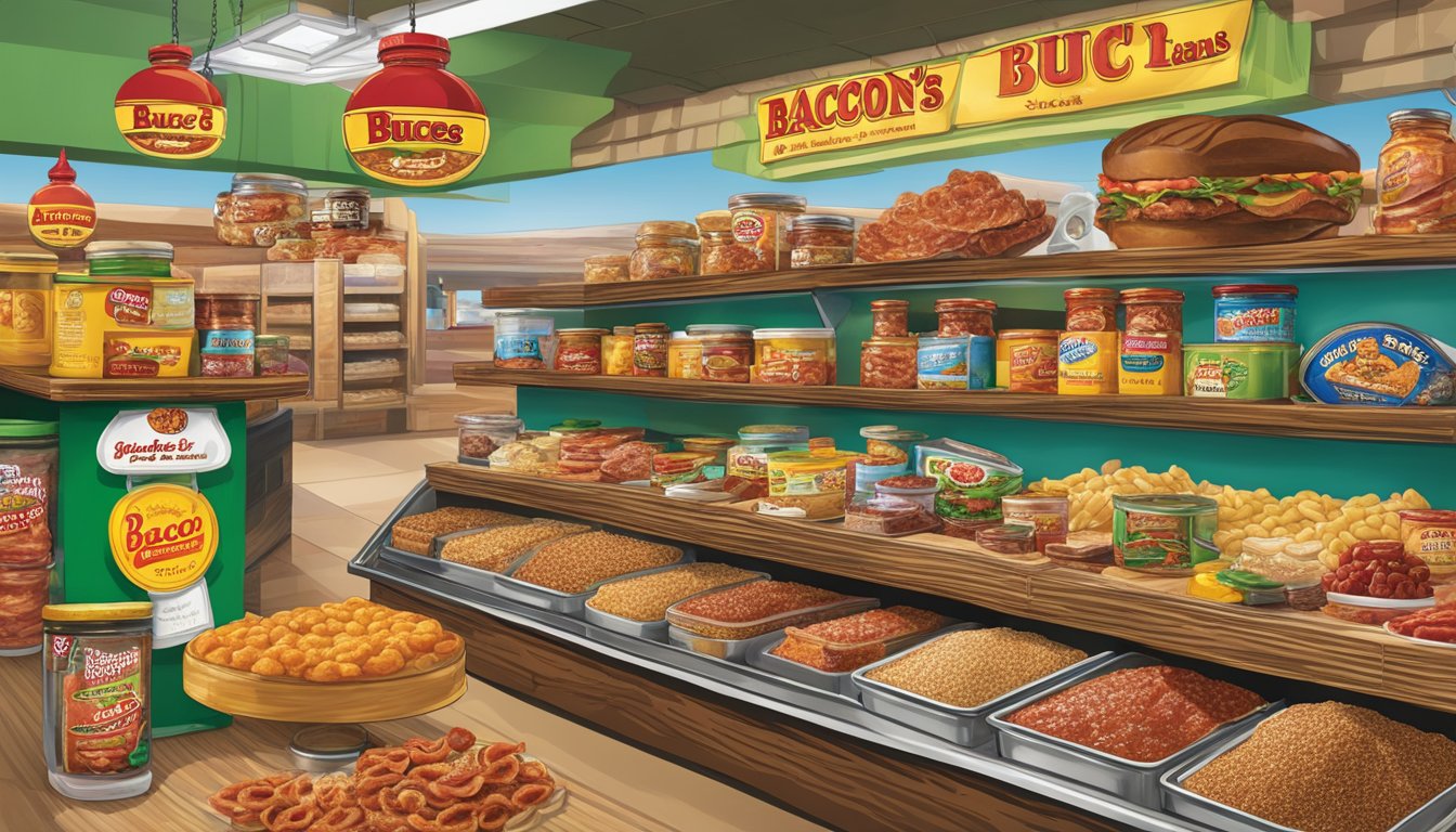 A spread of bacon jam and various food items displayed in Buc-ee's food section, with vibrant colors and appetizing presentation