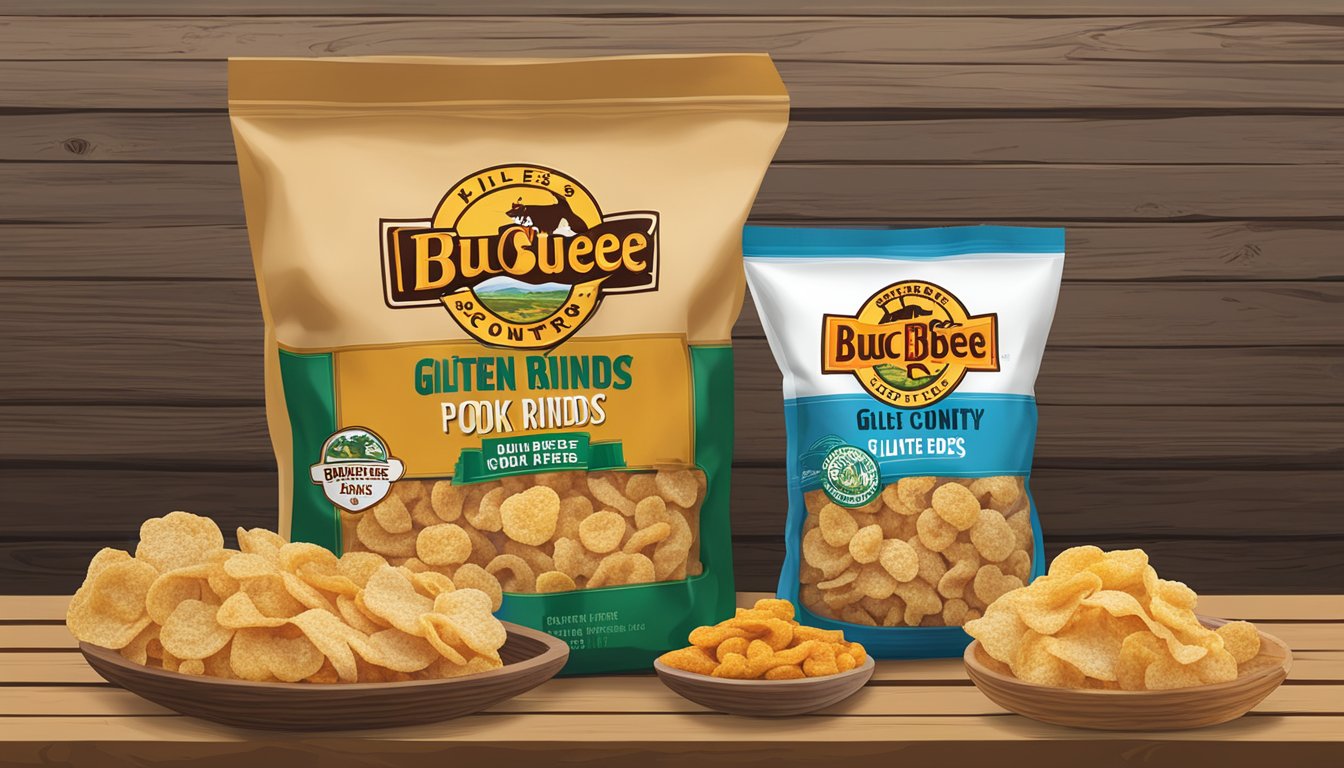 A bag of Hill Country Brand Pork Rinds sits next to various gluten-free snacks from Buc-ee's, arranged on a rustic wooden table