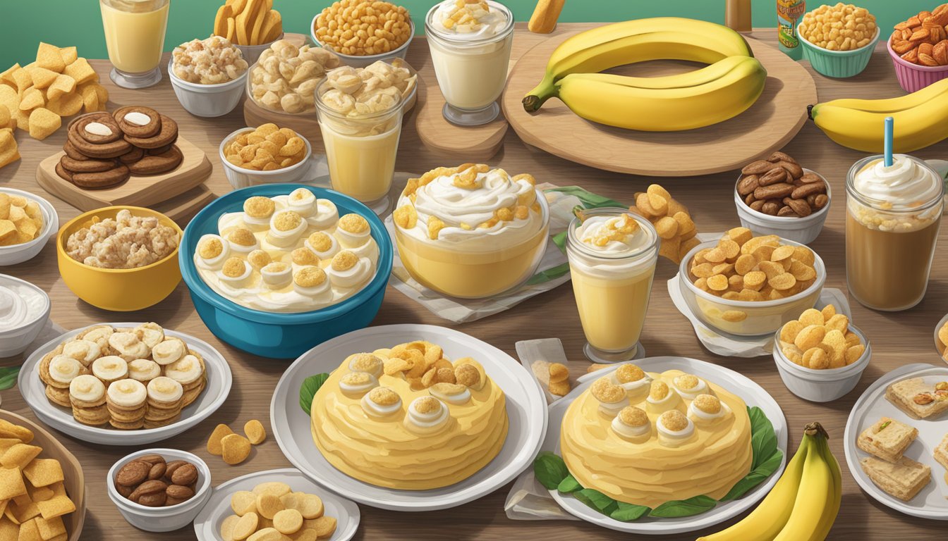 A table filled with various flavors of banana pudding, surrounded by Buc-ee's iconic food items and snacks, creating a paradise for foodies