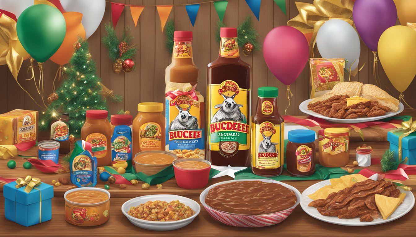 A table with various Buc-ee's products, including Texas Roundup BBQ Sauce, surrounded by festive wrapping and ribbons