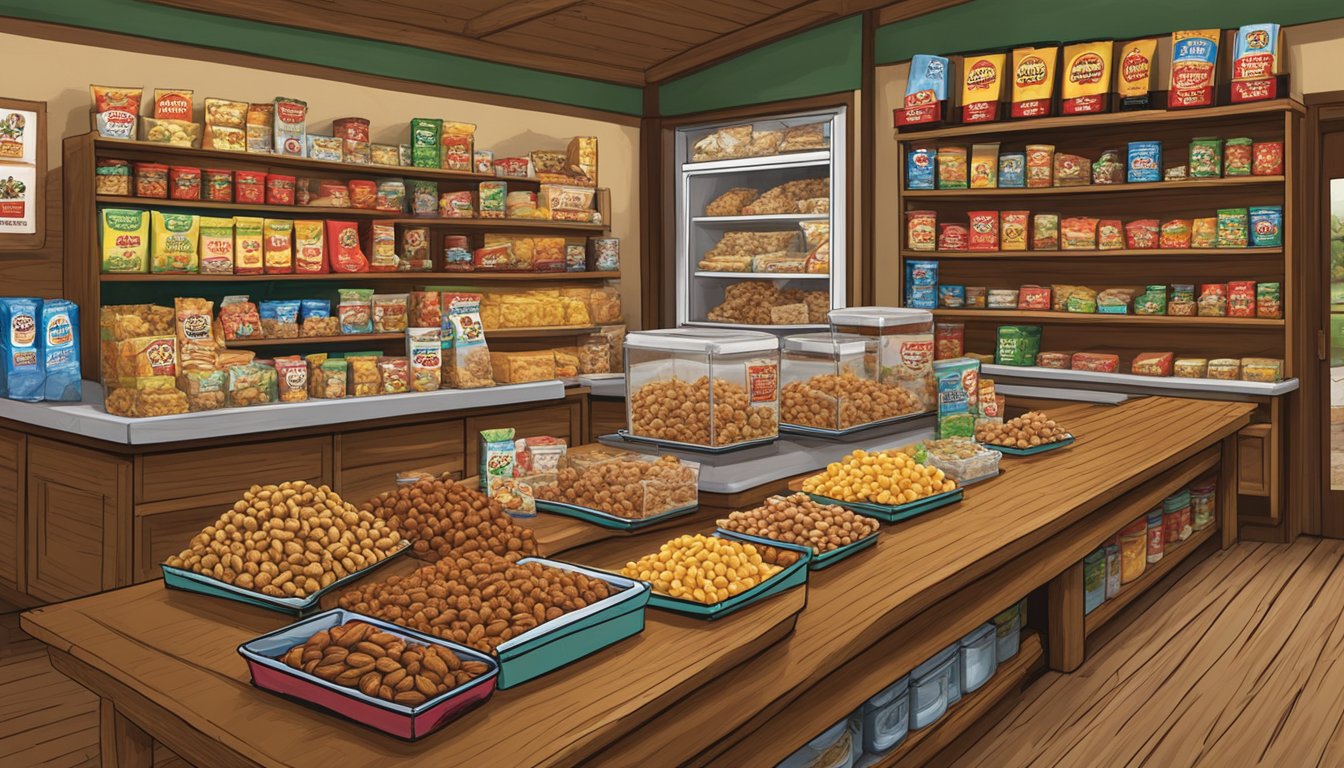 A display of Buc-ee's Praline Pecans and other gluten-free snacks arranged on a wooden table in a rustic convenience store setting