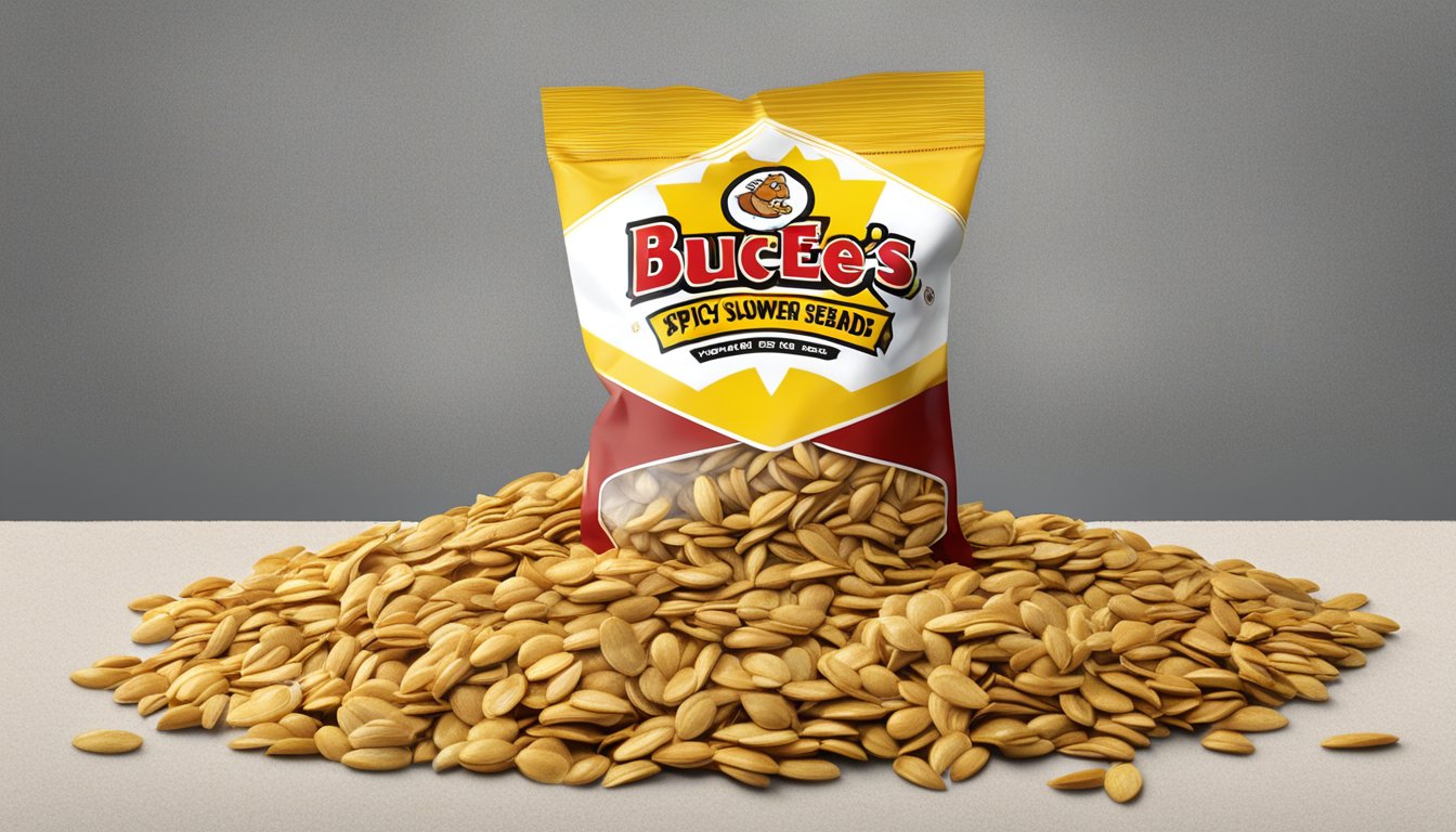 A pile of spicy sunflower seeds spilling out of a Buc-ee's snack bag, with the iconic logo visible