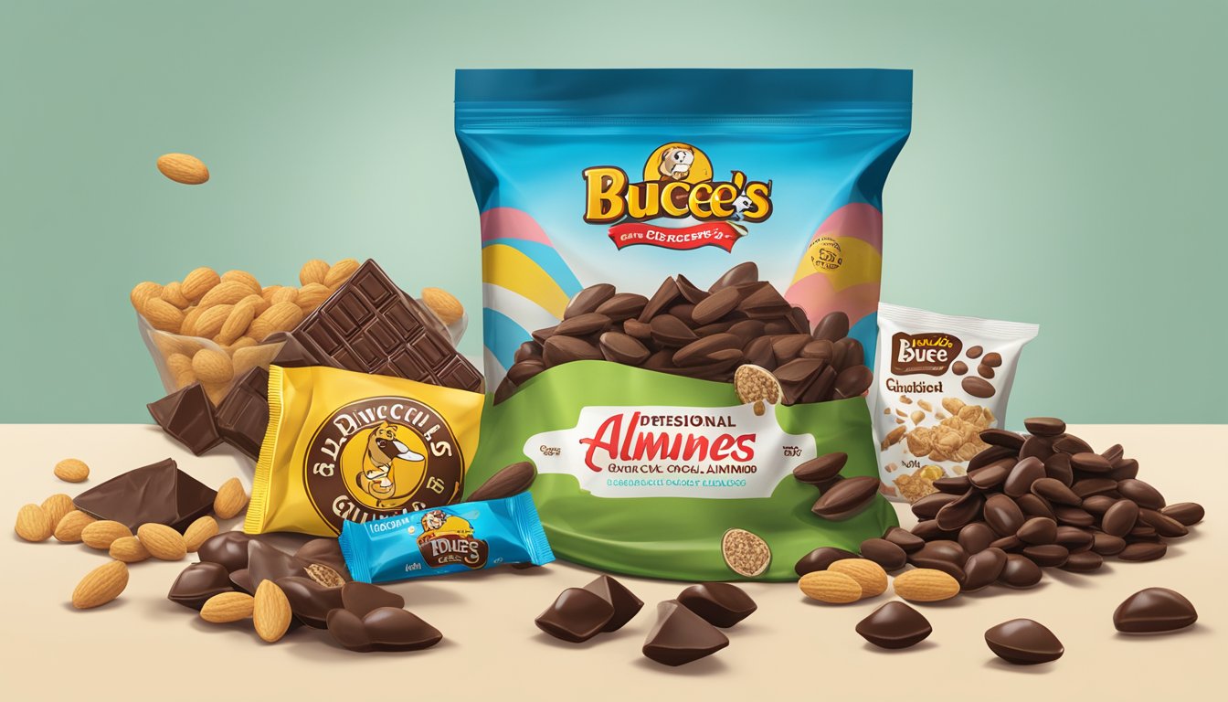 A pile of dark chocolate almonds spills out of a Buc-ee's snack bag, surrounded by other gluten-free treats