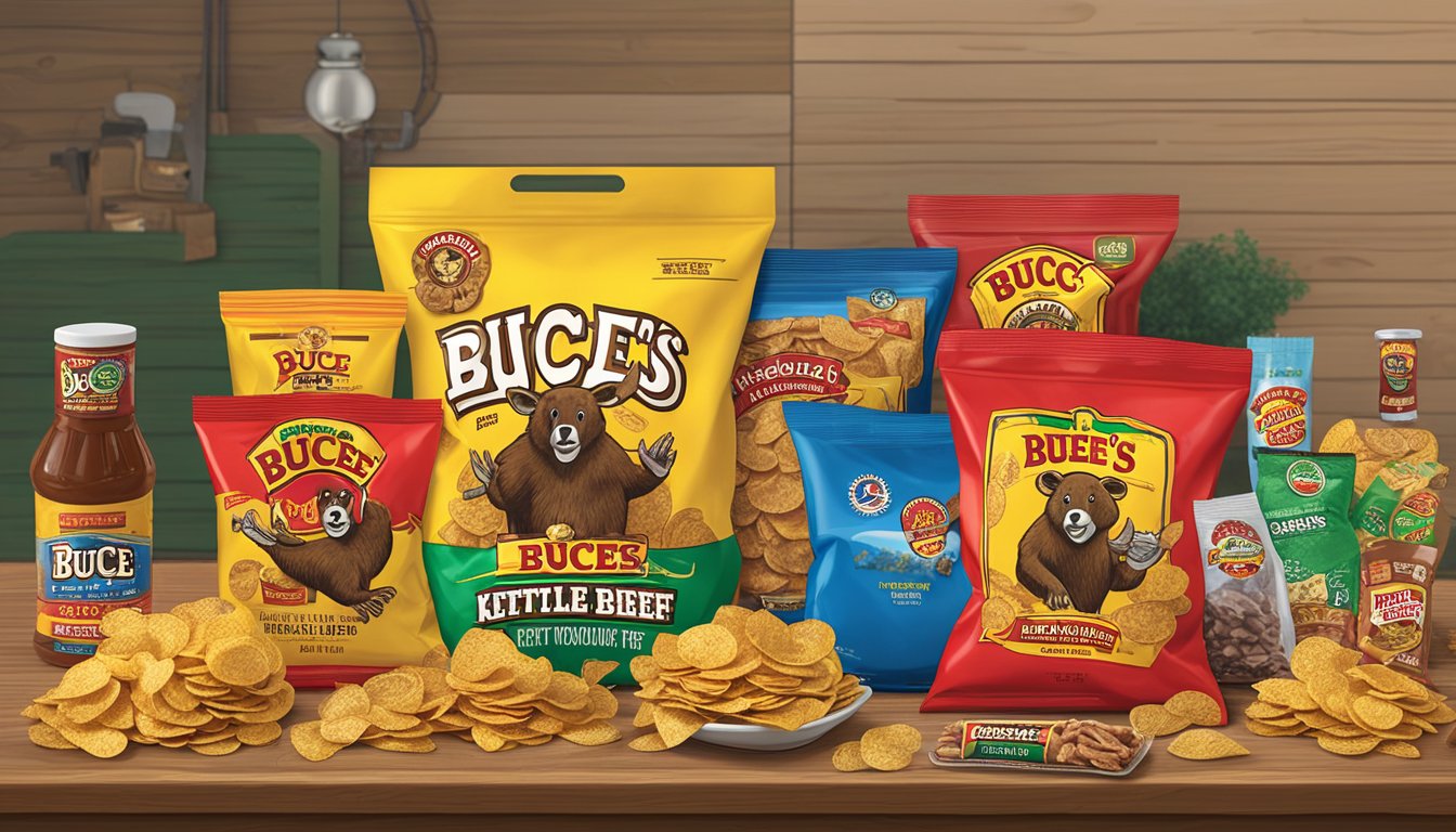 A bag of Buc-ee's Mesquite BBQ Kettle Chips surrounded by other Buc-ee's products, such as beef jerky and t-shirts, on a table