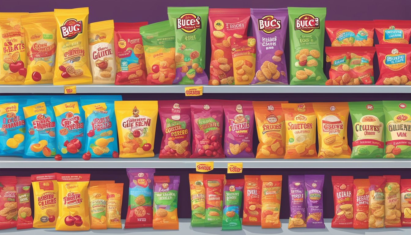 A colorful display of Cherry Sours and other gluten-free snacks at Buc-ee's, with vibrant packaging and tempting treats