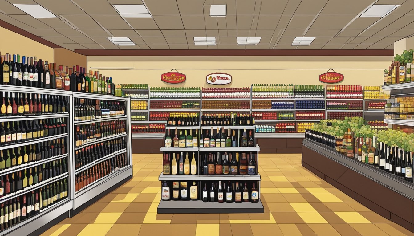 A bustling Buc-ee's store in Fort Worth, Texas, showcasing a display of local wines, including Texas Merlot. Shelves are neatly stocked with various bottles, and customers browse the selection