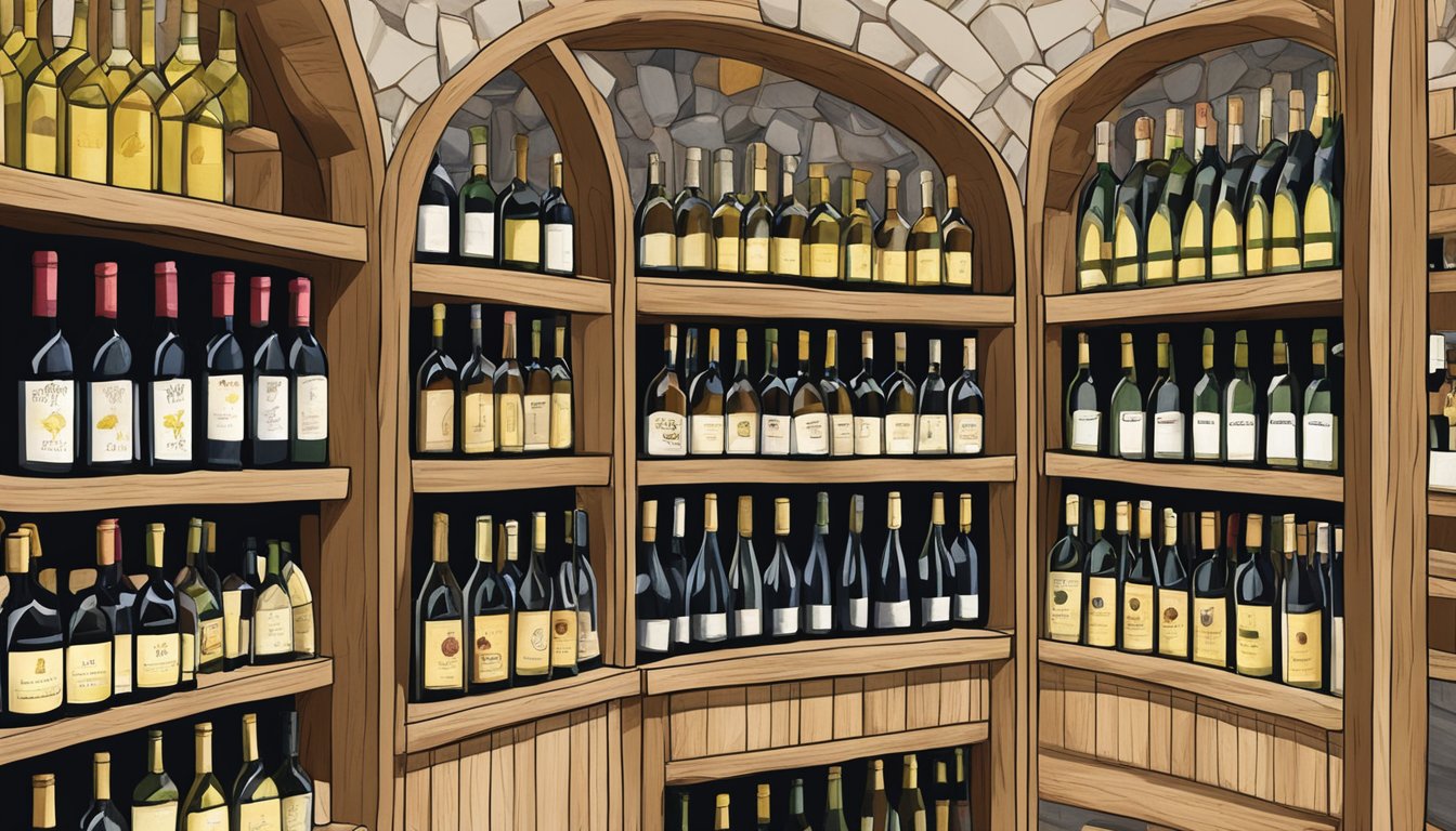 A rustic wine display at Buc-ee's Temple, showcasing Hill Country Viognier and other local wines