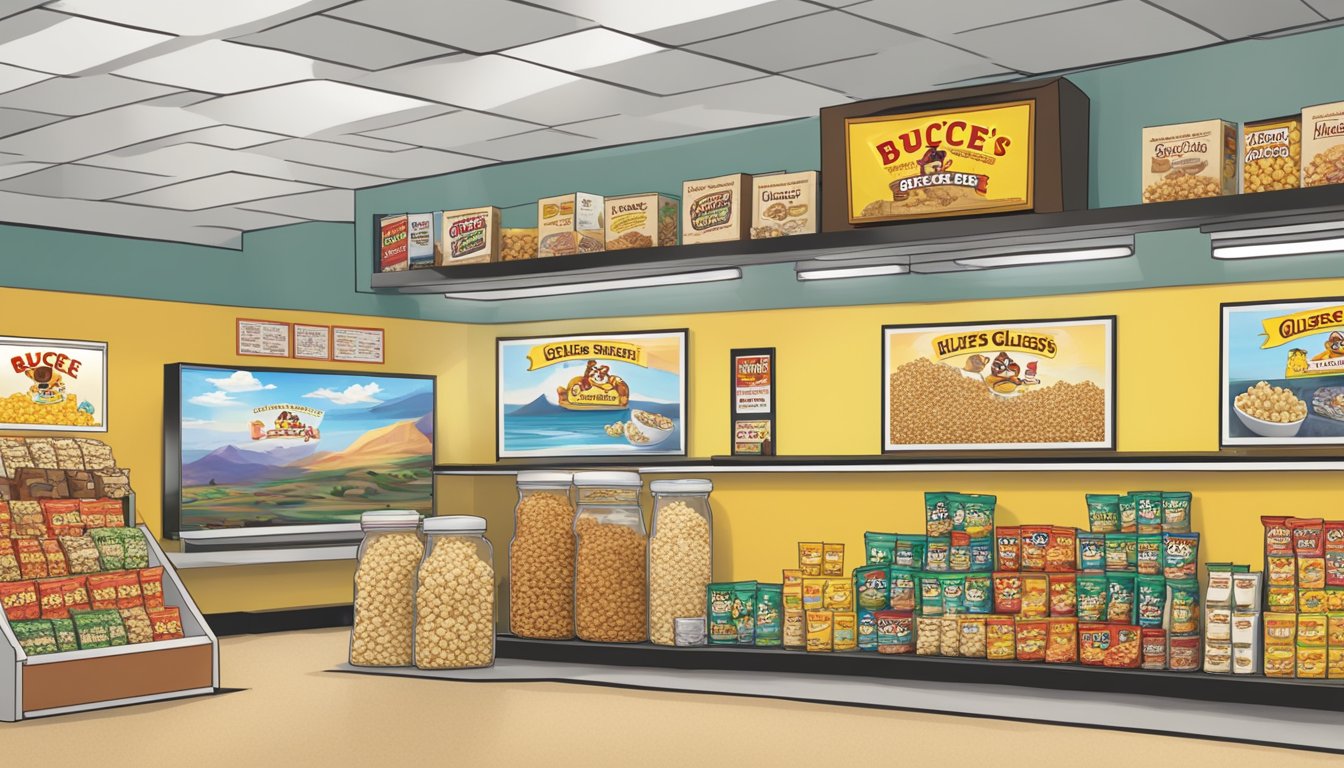 A bowl of classic sea salt popcorn sits next to a display of Buc-ee's snacks, all labeled as surprisingly gluten-free