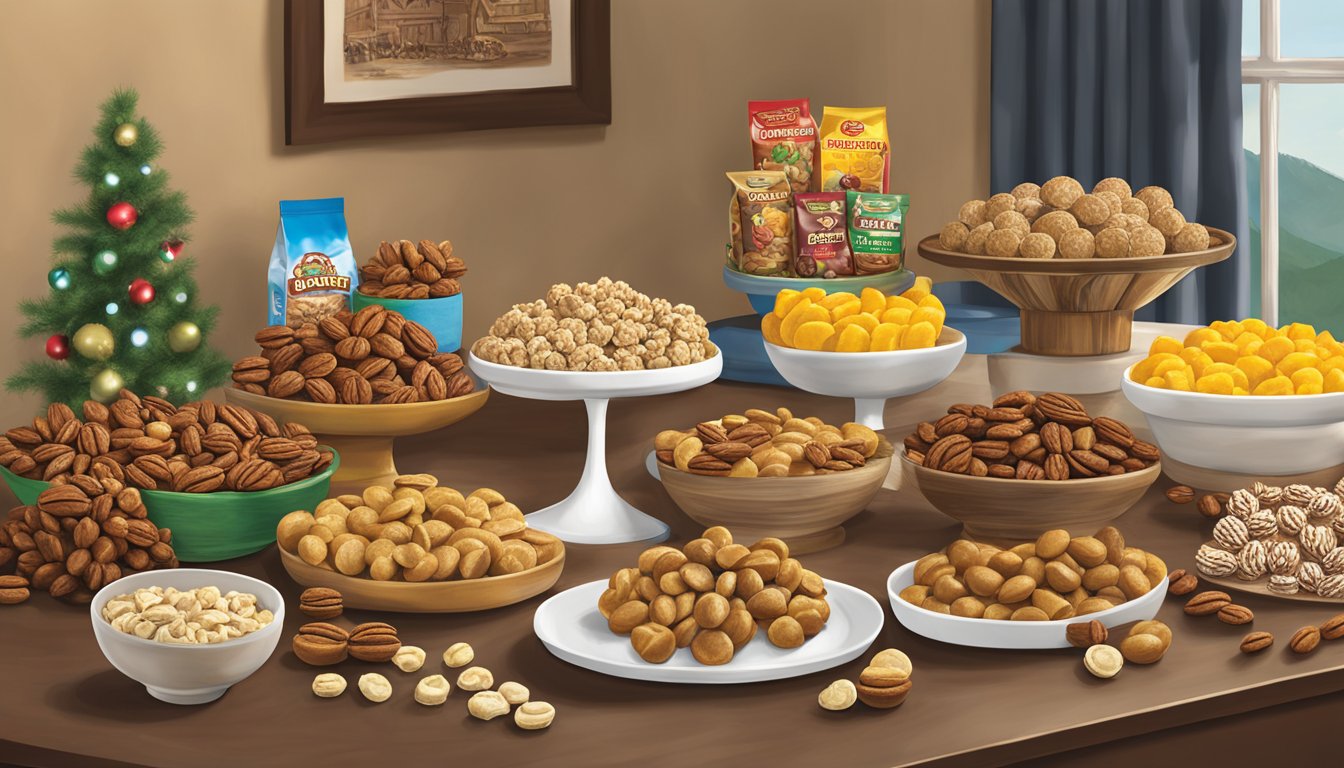 A display of Buc-ee's pecan pralines and other products arranged on a festive table