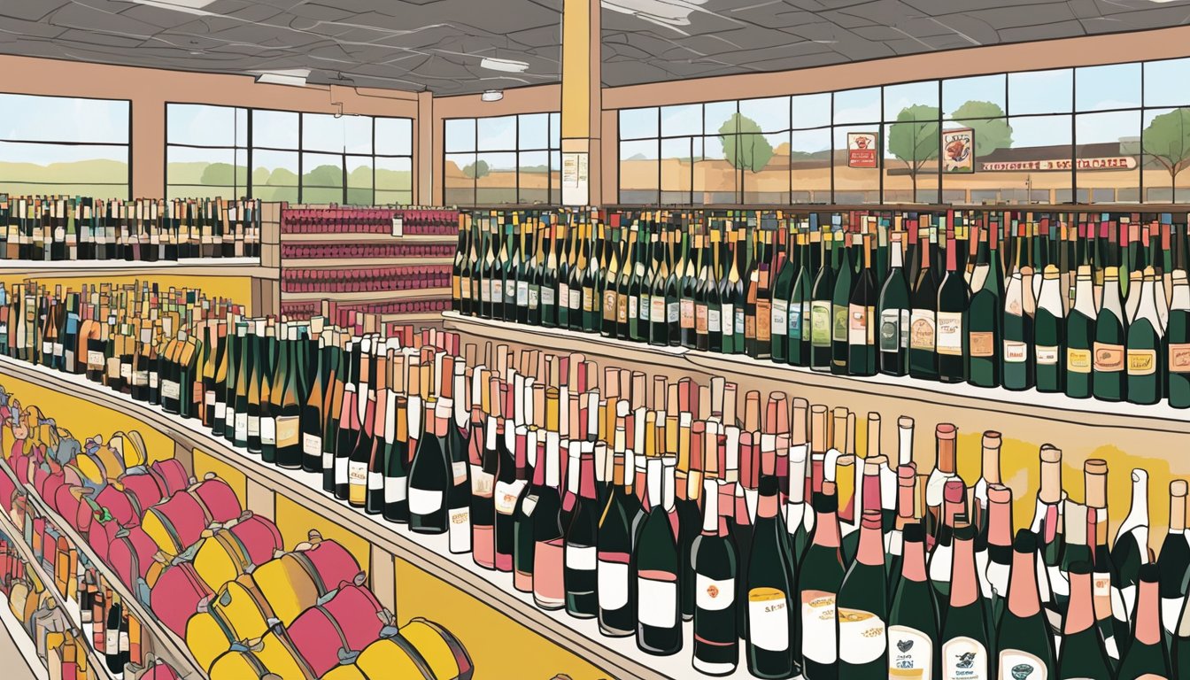 A sunny day at a Buc-ee's in Denton, Texas, with rows of local wines, including the High Plains Rosé, on display