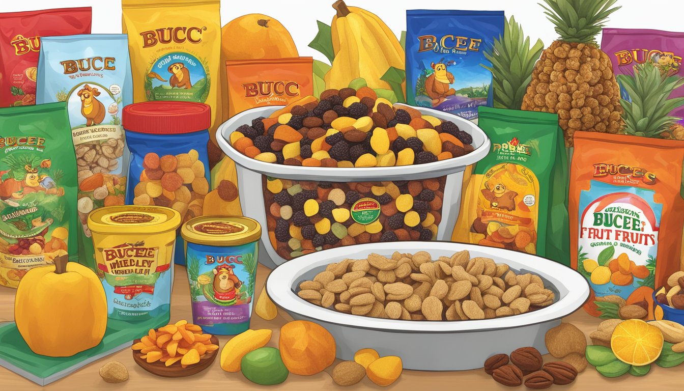 A colorful display of Buc-ee's Dried Fruit Medley surrounded by other quirky products, ready for a white elephant gift exchange