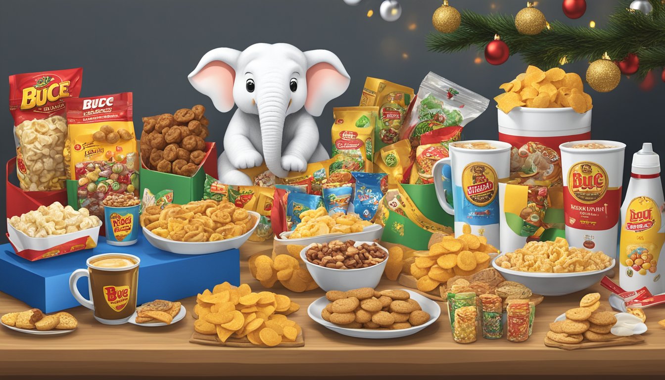 A festive white elephant gift exchange with Buc-ee's products scattered on a table, including snacks, mugs, and novelty items