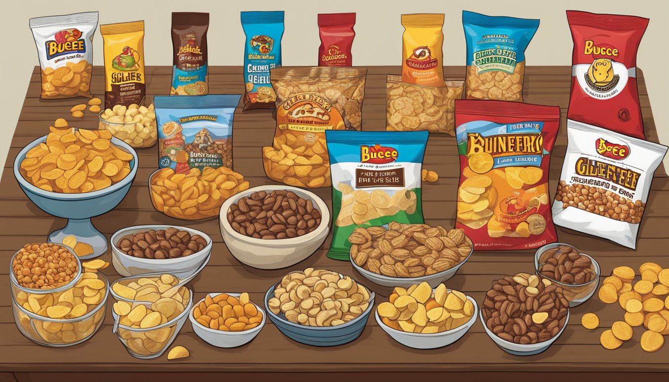 A table filled with various Buc-ee's snacks, including chips, nuts, and candies, all clearly labeled as gluten-free