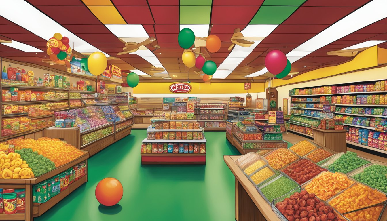 A table displaying various Buc-ee's products, including snacks, apparel, and novelty items. Bright colors and bold packaging catch the eye, while a festive atmosphere is suggested through the inclusion of holiday-themed products