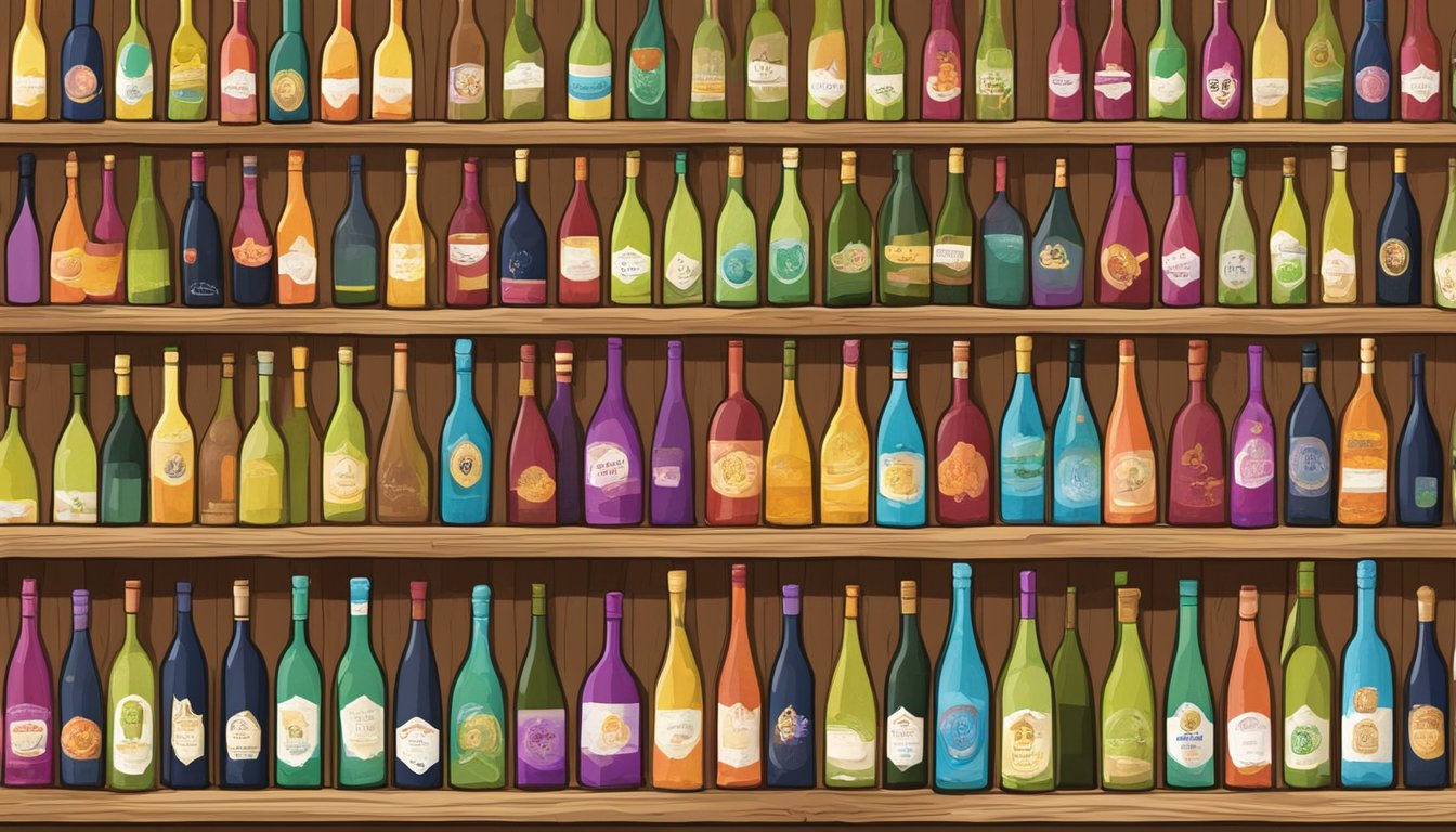 A row of colorful wine bottles displayed on wooden shelves at a Buc-ee's store, surrounded by rustic decor and signage promoting local wineries