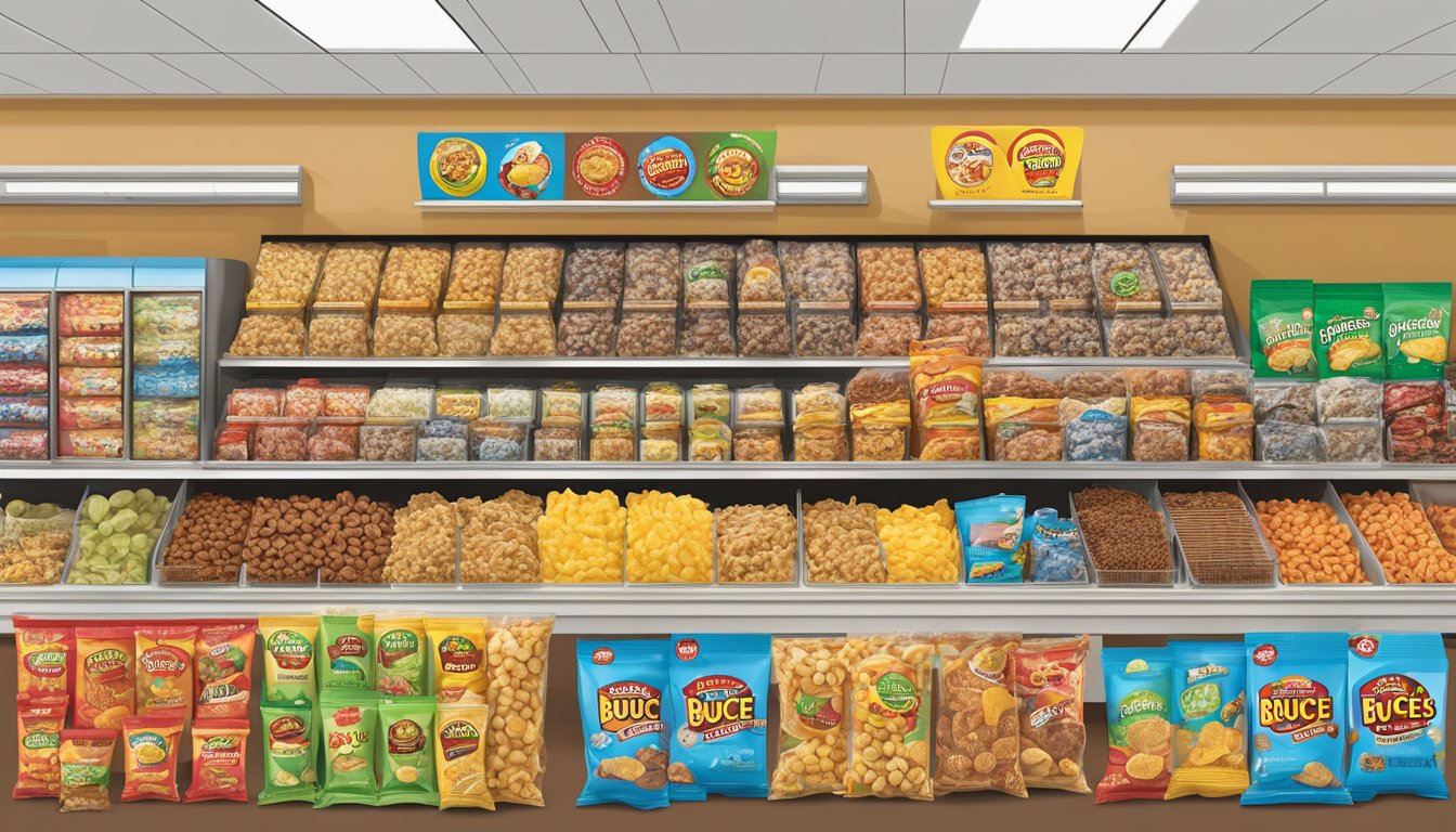 A colorful display of Buc-ee's snacks, including chips, nuts, and candies, with prominent "gluten-free" labels