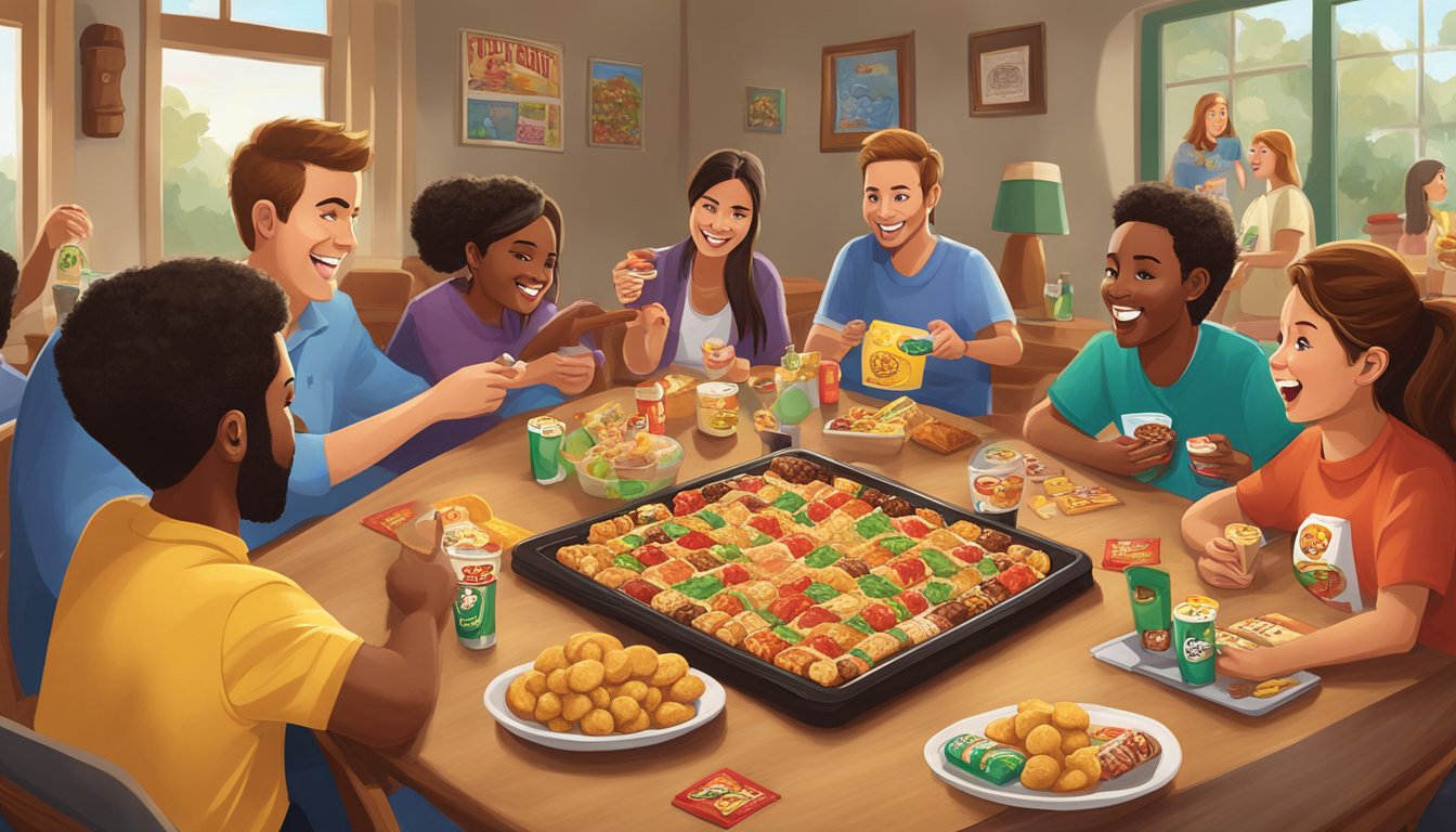 A table filled with Buc-ee's snacks and game night essentials, surrounded by friends playing games and enjoying the Beaver Nuggets