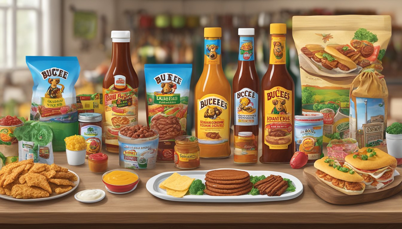 A table with various Buc-ee's products, including Texas Round Up BBQ Sauce, arranged as graduation gifts