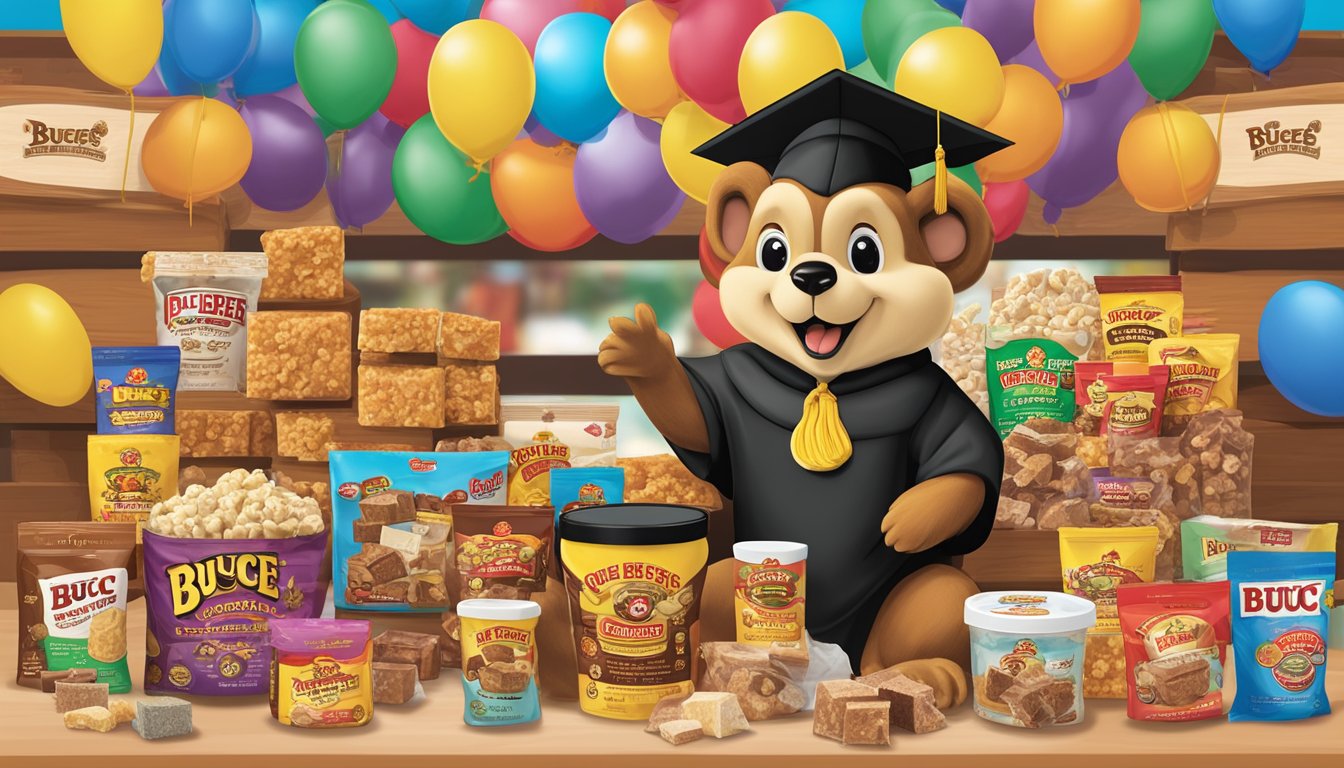 A colorful display of Buc-ee's fudge variety pack surrounded by other Buc-ee's products, with a graduation cap and diploma in the background