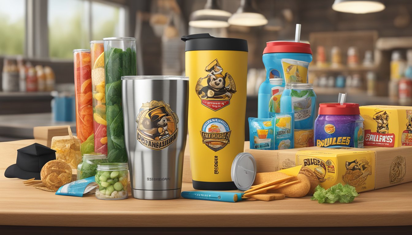 A stainless steel tumbler surrounded by various Buc-ee's products, with a graduation cap and diploma in the background