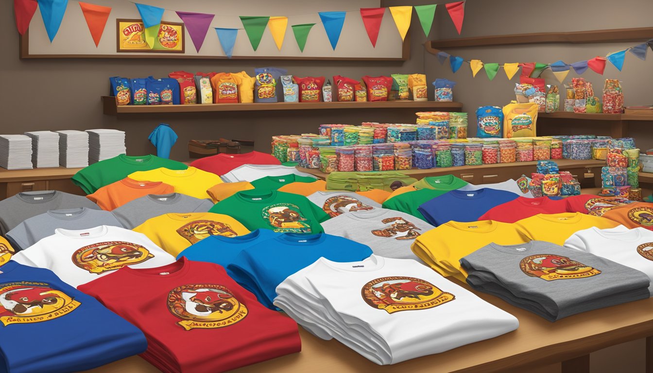 A colorful display of Buc-ee's branded t-shirts and various products arranged on a table, with a graduation cap and diploma in the background