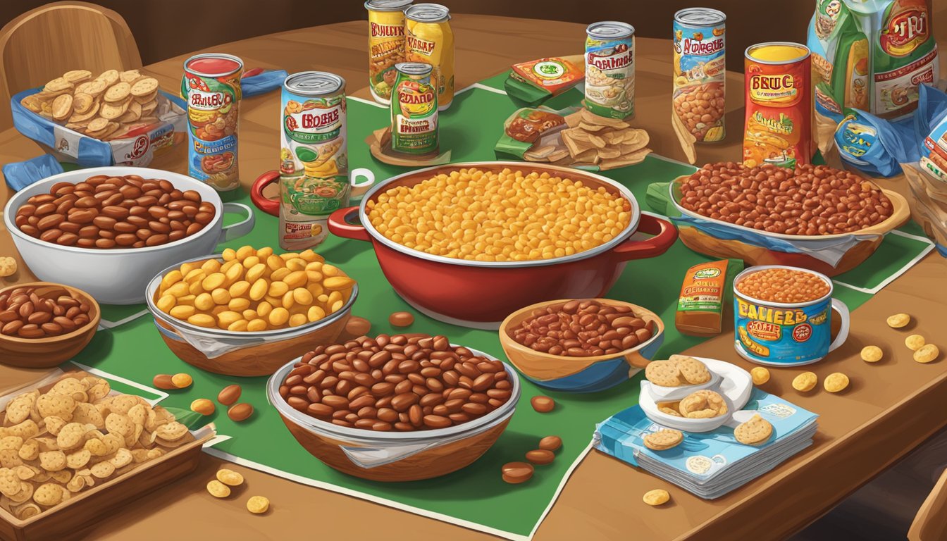 A table set with Buc-ee's Baked Beans, snacks, and games for a lively game night