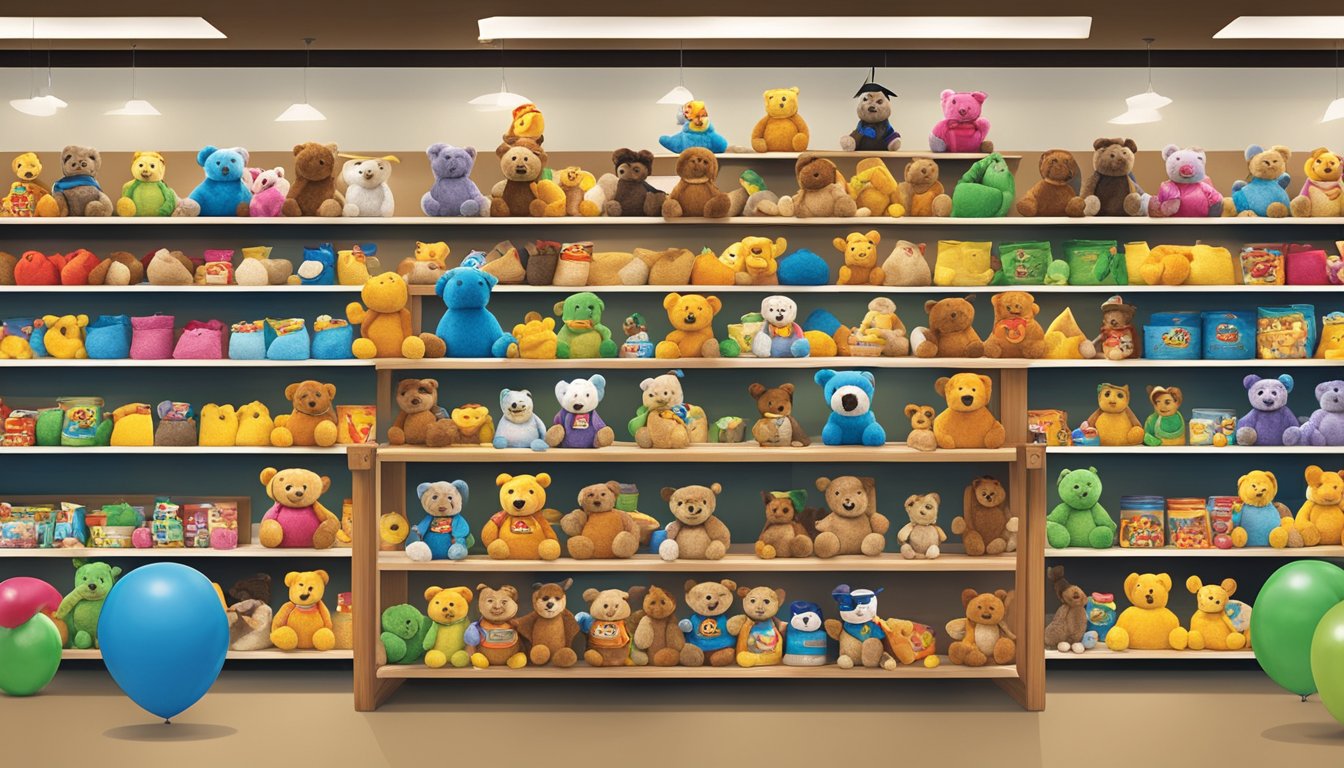 A colorful display of Buc-ee's plush toys and other products arranged on shelves, with a graduation theme