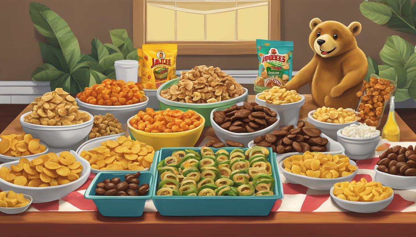 A table filled with various Buc-ee's snacks, including the iconic Candied Jalapeños, set up for a lively game night gathering